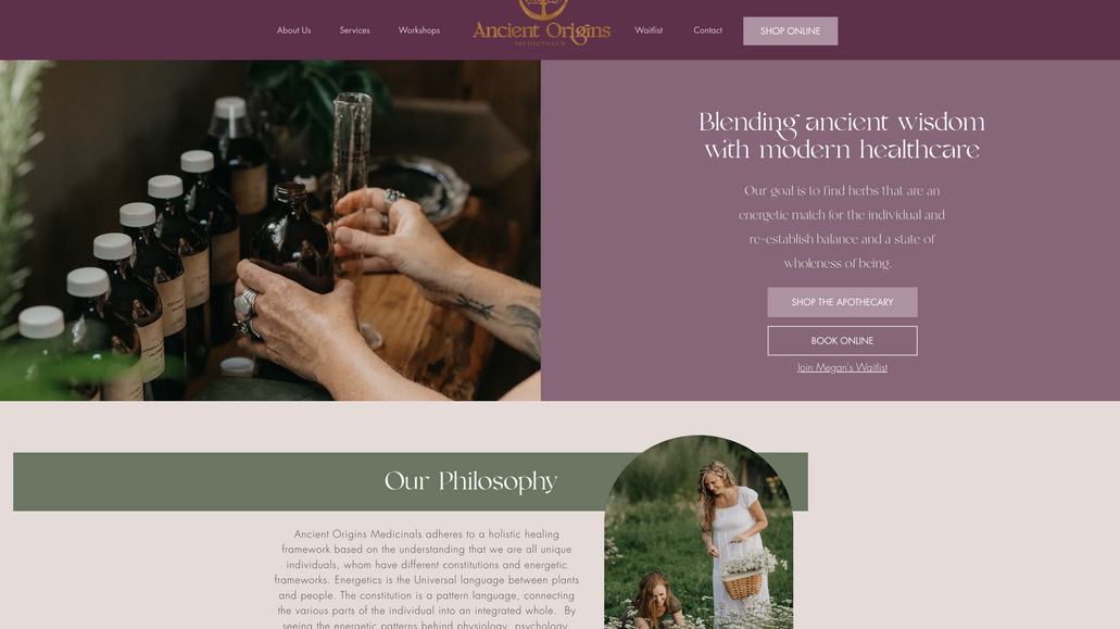 Ancient Origins: Digital platform for this Herbalist & Energy Worker, including a Shopify site, online booking, and email newsletter support.