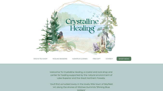 Crystalline Healing: Custom website for this Crystal Shop & Healing Center, including a Shopify site, online booking and email newsletter support.