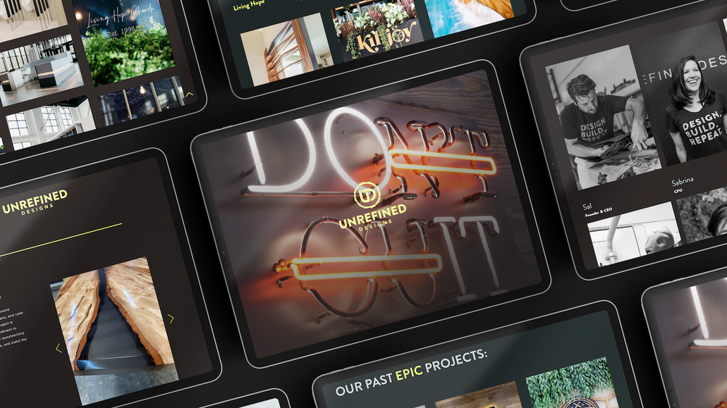 Unrefined Designs: This small business website with a separately designed E-commerce shop focuses on high contrast with the brands bold color palette. We tried balancing natural textures they work with on the daily, with a finished and polished but Unrefined look to the website to support their brand. 