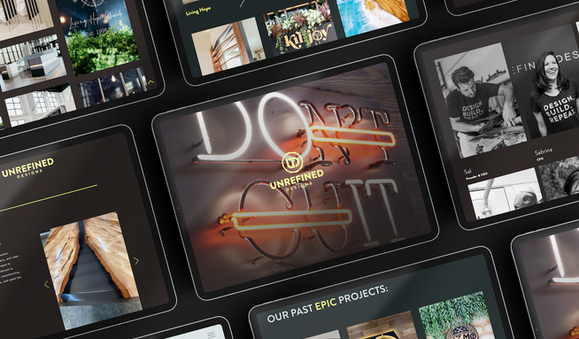 Unrefined Designs: This small business website with a separately designed E-commerce shop focuses on high contrast with the brands bold color palette. We tried balancing natural textures they work with on the daily, with a finished and polished but Unrefined look to the website to support their brand. 