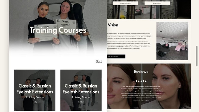 Tweak Facial Enhance: Tweak facial enhance provided us with a very luxury academy brief whereby students could go onto the website and pay a deposit or in full for a course without any issues. On the checkout section you can see they are able to easily select the group size and payment option.

We work with Tweak closely on their social media graphics and support. They opted for our Plus Premium Website Package on a 3 month payment plan.