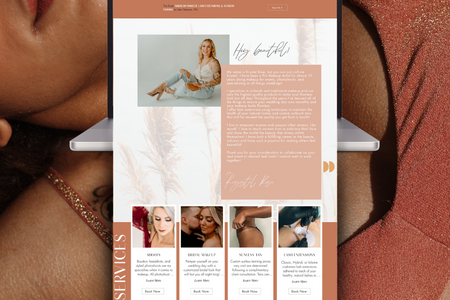 Rosebud Beauty: A bohemian vibe one page website for an airbrush makeup, sunless tanning, and lash tech queen - Rosebud Beauty. We utilized anchors to make it feel like a multiple page website, showcased her portfolio, and wrapped it up with a contact form and the chat widget to give potential clients easy access to contacting and booking with her.