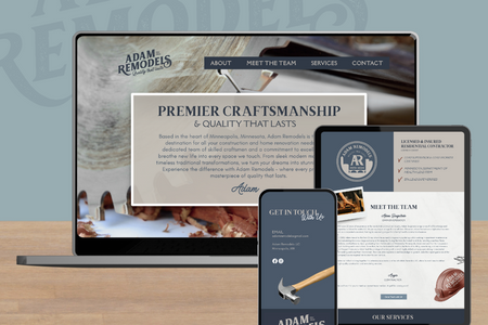 Adam Remodels: We created a beautifully branded, yet masculine one page site for this premier construction and home renovation company. Using anchor points throughout the site gives it a multipage feel, while walking potential clients towards the contact section to inquire.