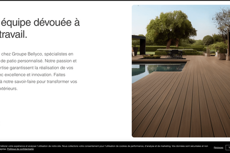 Groupe Bellyco: On the Groupe Bellyco website, I focused on crafting a professional and accessible design to clearly outline the company's specialized services in patio and balcony construction. Key elements include a clean, structured layout with intuitive navigation that directs visitors effortlessly to service descriptions, company values, and contact information. The website also features a responsive design to ensure a seamless experience on both desktop and mobile devices, along with visually appealing imagery that highlights the quality and detail of the workmanship.