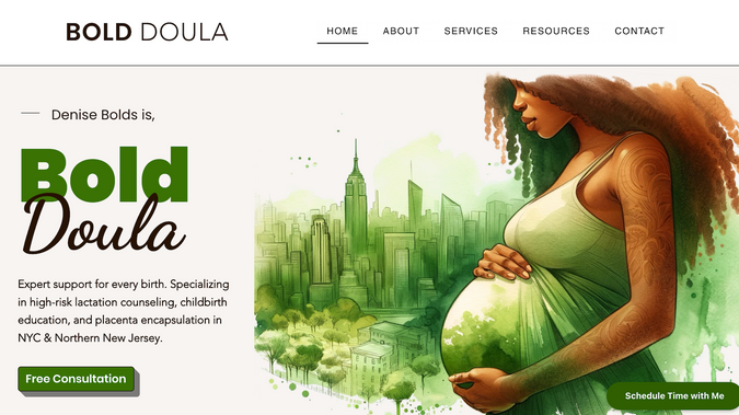 Bold Doula: For this web design project, my client, Bold Doula, needed a comprehensive website redesign to increase consultation requests and provide valuable information to expecting parents in NYC and NJ. The client’s goals were clear: create a warm, approachable, and user-friendly website that reflects her brand’s compassion and expertise. She wanted a design that conveyed trust while making it easy for potential clients to book consultations and access resources.

Using Wix as the platform, I redesigned her website from the ground up, focusing on clean, intuitive navigation and a soothing green color scheme to align with her brand’s identity. Notable features include a prominently placed “Free Consultation” call-to-action, an enhanced testimonial section for building trust, a dedicated blog section to establish authority in her field, and a fully responsive design optimized for mobile users.

This was my first project on Wix, and the success that followed was incredible. The redesigned website resulted in a 648% increase in site traffic and a 320% boost in consultation requests, significantly propelling her business forward. The positive outcomes from this project not only helped my client but also inspired me to pursue web design full-time, realizing how impactful a well-executed website can be for small business growth.