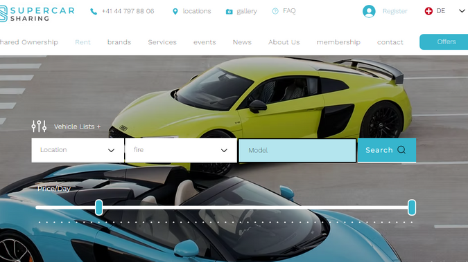 Supercar Sharing: In this website, we created and coded the "Rent" page. On this page, we listed the available cars using a repeater connected to the CMS.

We implemented filtering options, including Location, Brand, Model, and Price Per Day.

When users make their selections and press the search button, the available cars are displayed based on the selected criteria. Users can then choose any car they want to rent. Upon selecting a car, they are redirected to the car details page, where they can view all the relevant information about that car. At the bottom of the page, there is a booking form.

Customers fill out the form and submit it. Upon submission, we send them an email confirming that their booking has been received and is being processed. We also inform them that we will contact them if additional information is needed.